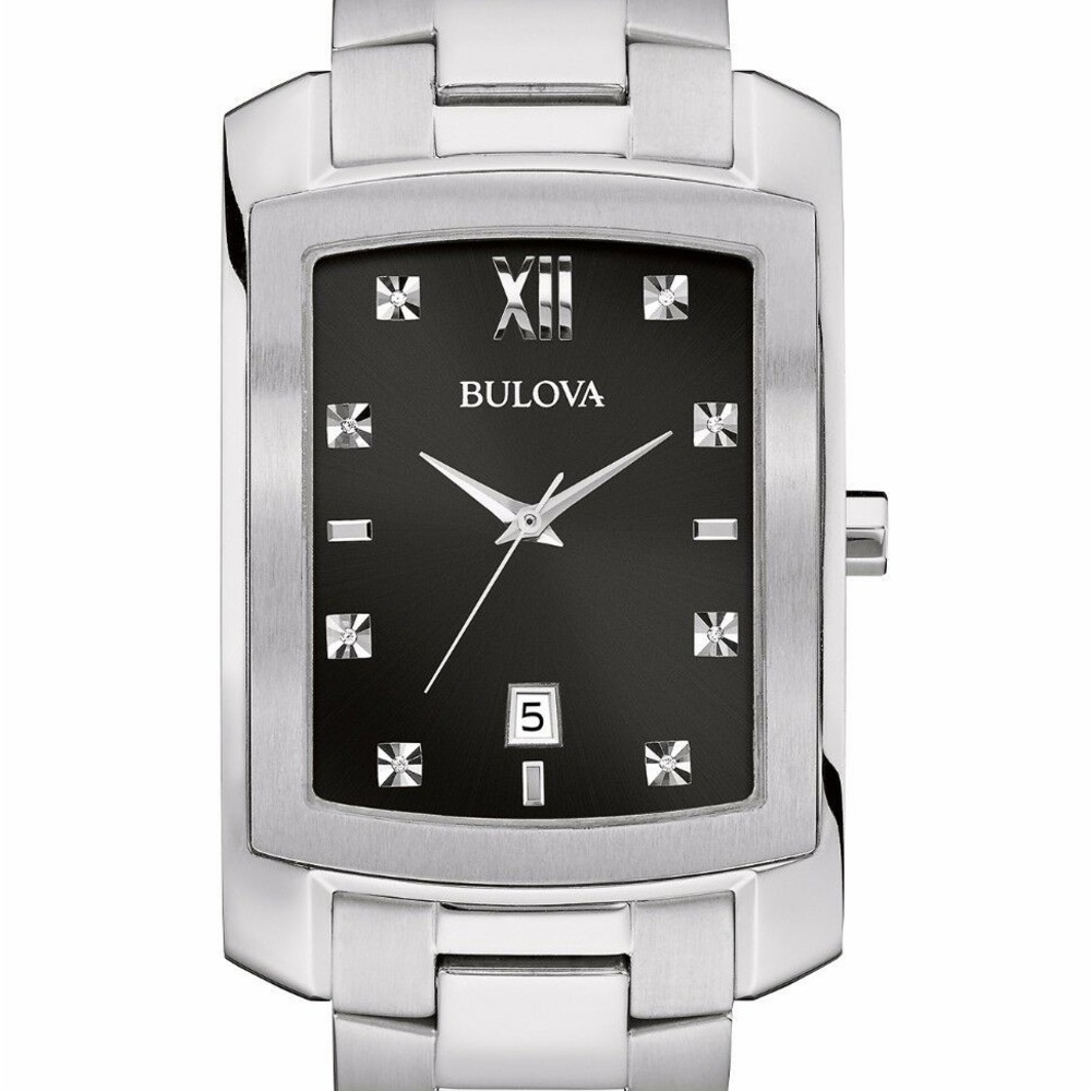 Bulova-Men's Black Dial Diamond Accents SS/Quartz Watch #96D125 NWT in BOX